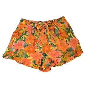Le Sarin Shorts Womens 2XL Orange Floral High Rise Paperbag Waist Pockets Summer
